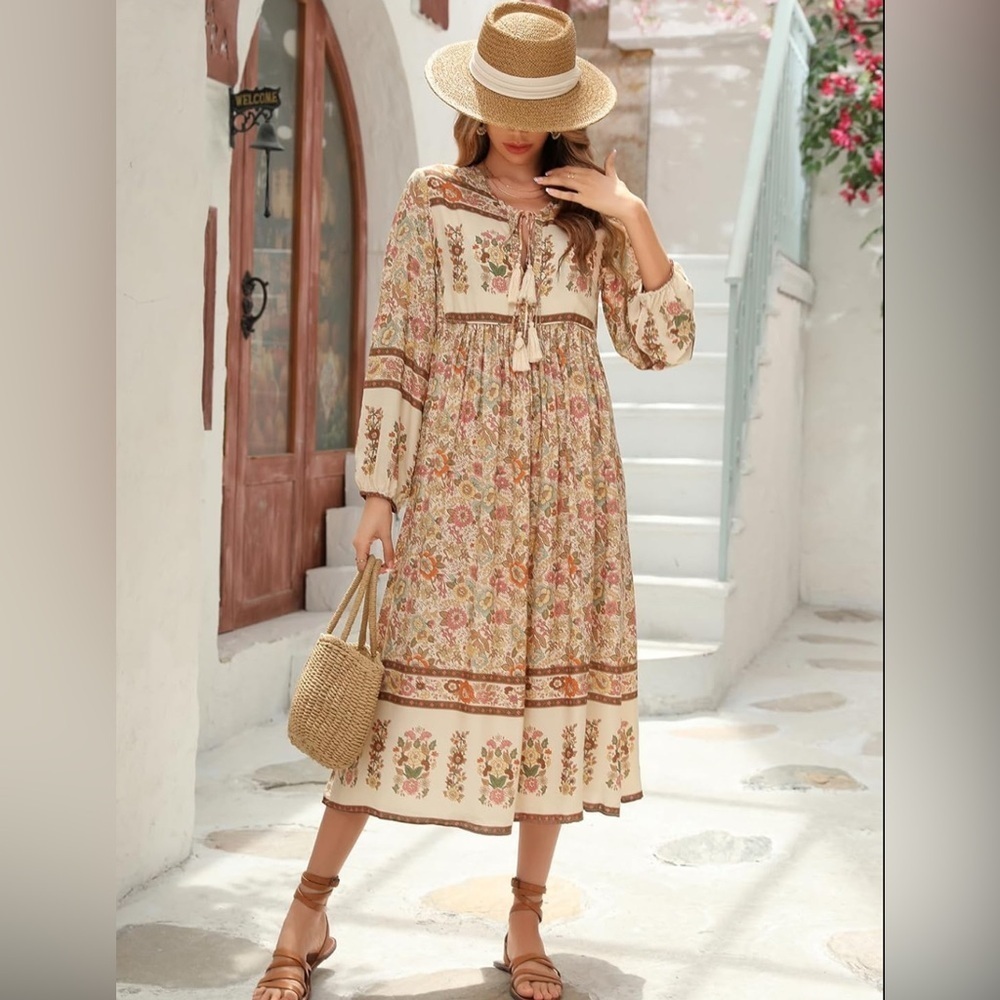 R. Vivimos Boho floral print maxi dress with tie front and long sleeves Sz M - Picture 1 of 6